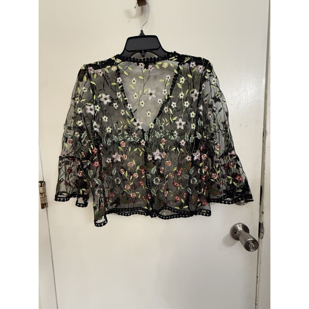 chris mclaughlin Floral Embroidered Sheer Black Kimono Top Large 3/4 Bell Sleeve - Picture 7 of 12